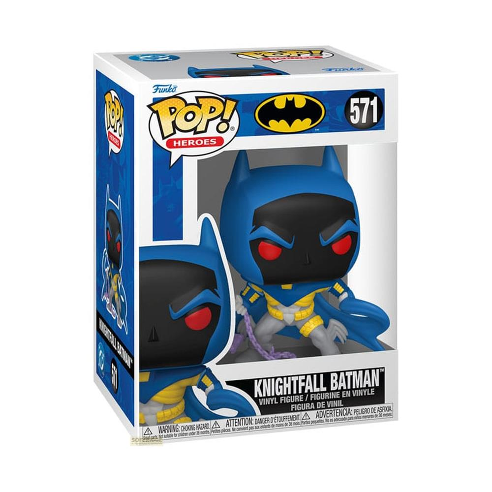 Figura Funko Pop! de vinilo de Knightfall Batman en traje azul y amarillo.