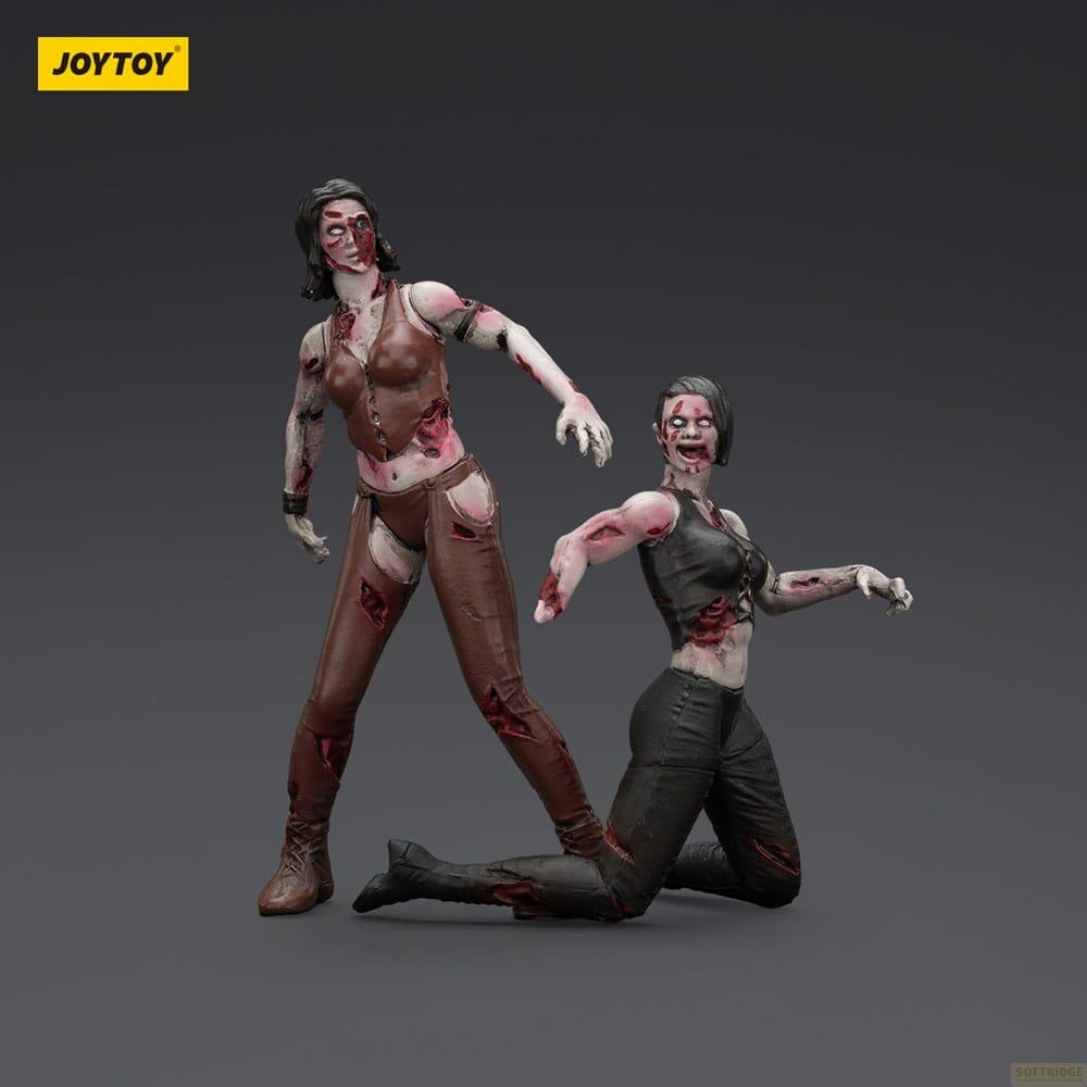 Due figure di zombie femminili in abiti strappati su sfondo grigio.