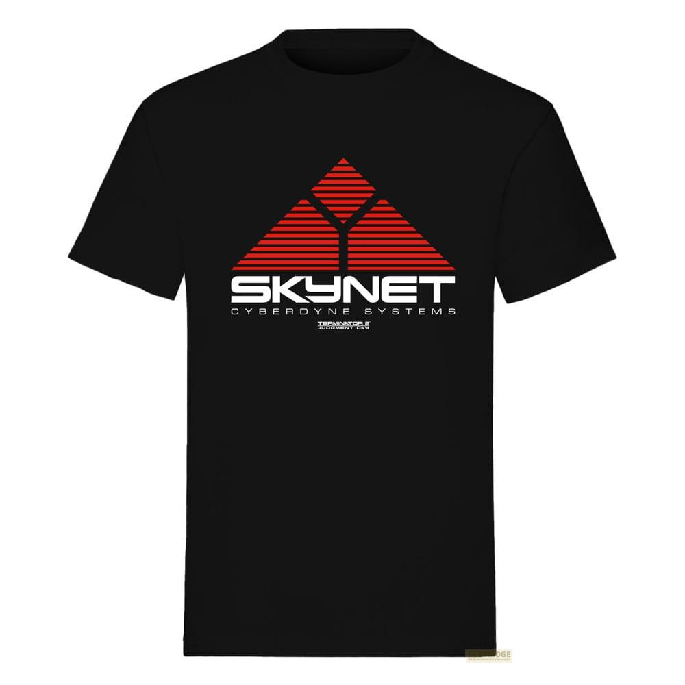 Schwarzes T-Shirt mit Skynet Cyberdyne Systems Logo und Terminator 2 Schriftzug.