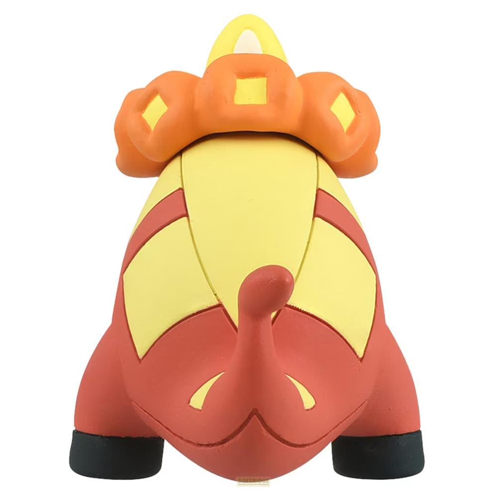 Ein gelber und roter Pokémon mit orangenem Kopfschmuck und einem Schwanz.