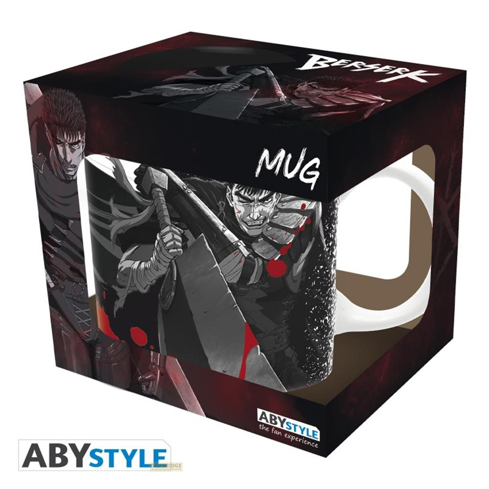 Una taza con arte de Berserk de Guts. Logotipo de Abystyle abajo.