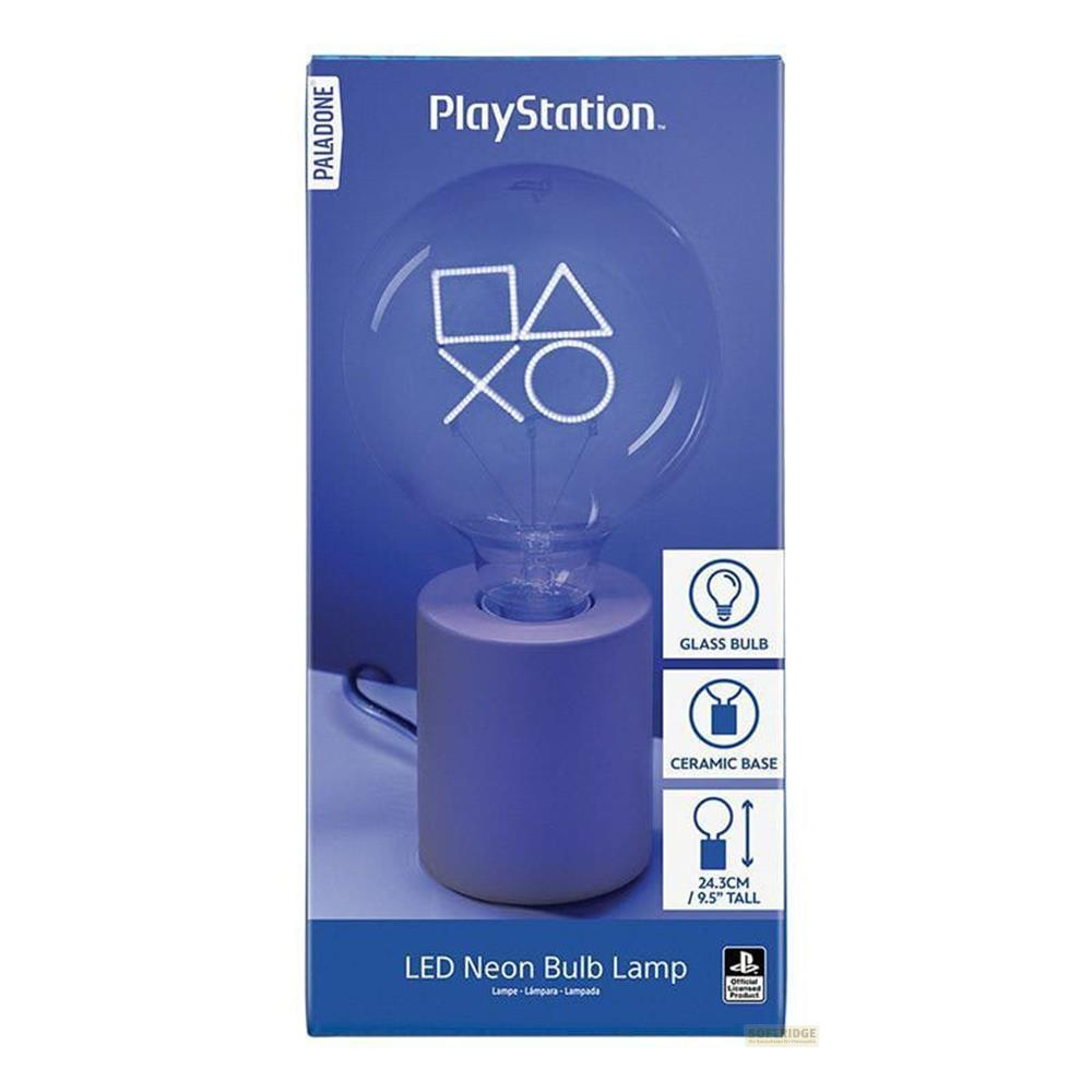 Niebieska lampa PlayStation z symbolem PS na szklanej żarówce.