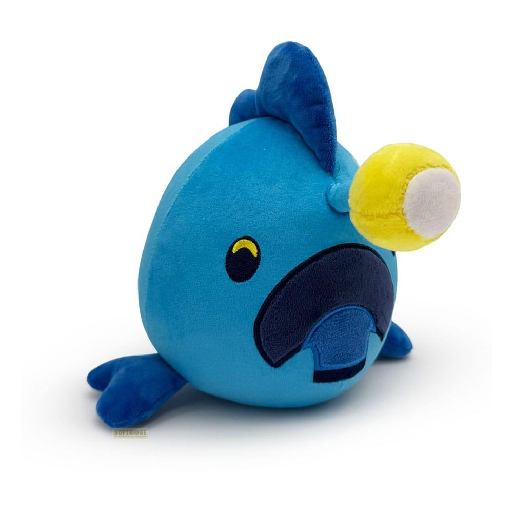Peluche de pez rascacio azul con señuelo amarillo y detalle blanco.