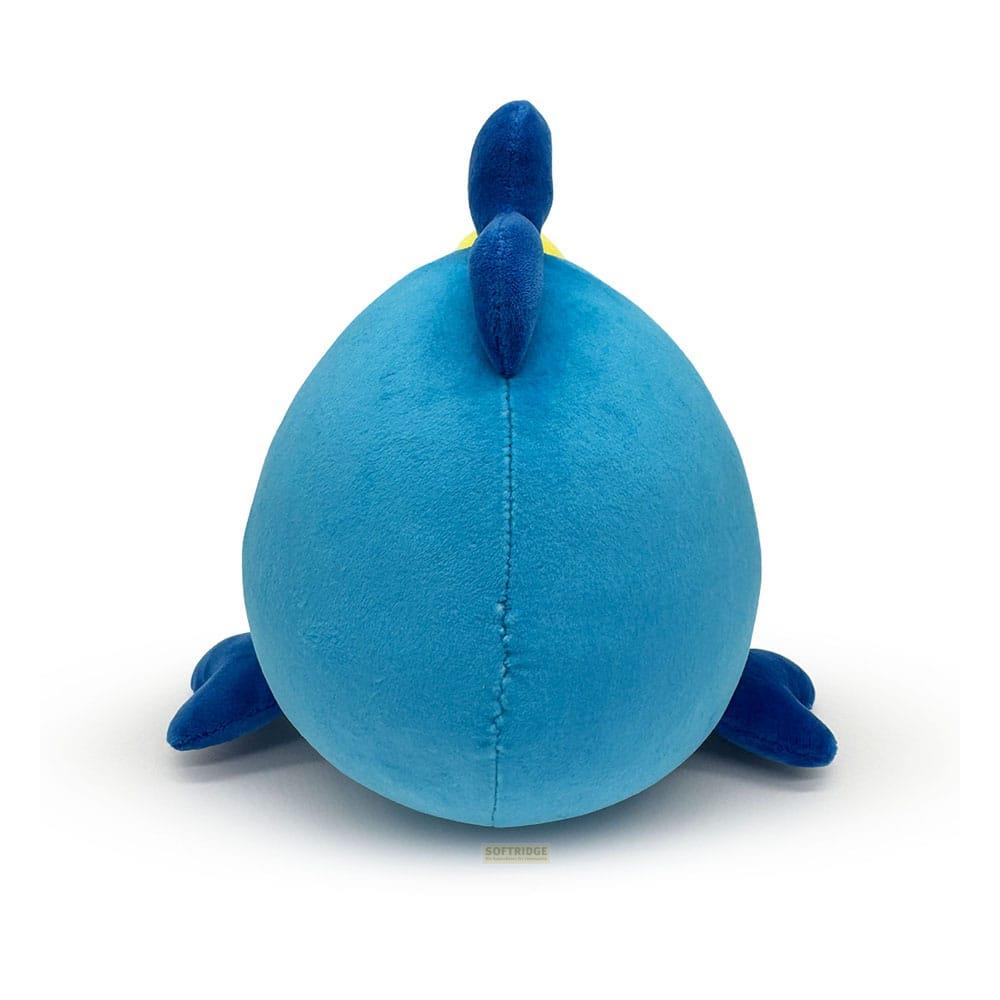 Un pájaro de peluche azul y redondo con acentos amarillos y pies azules.