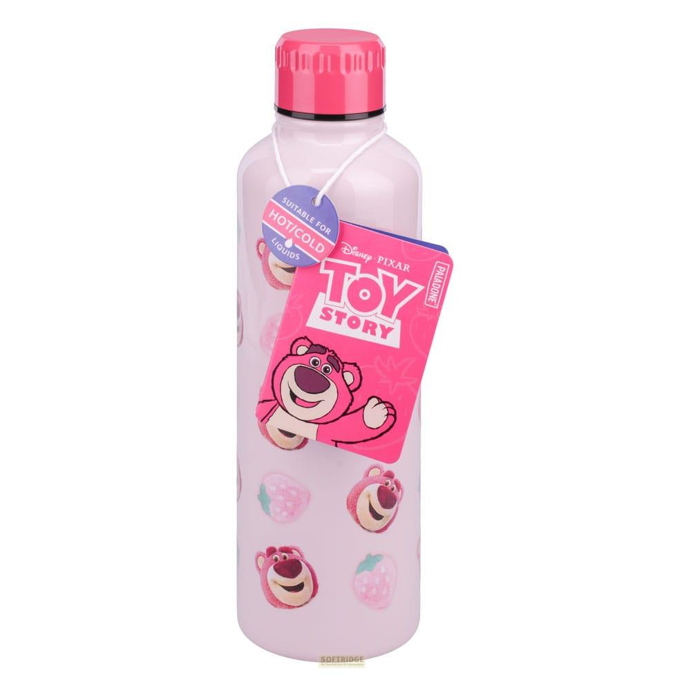 Botella de agua rosa claro con personajes de Toy Story y estampado de fresas.