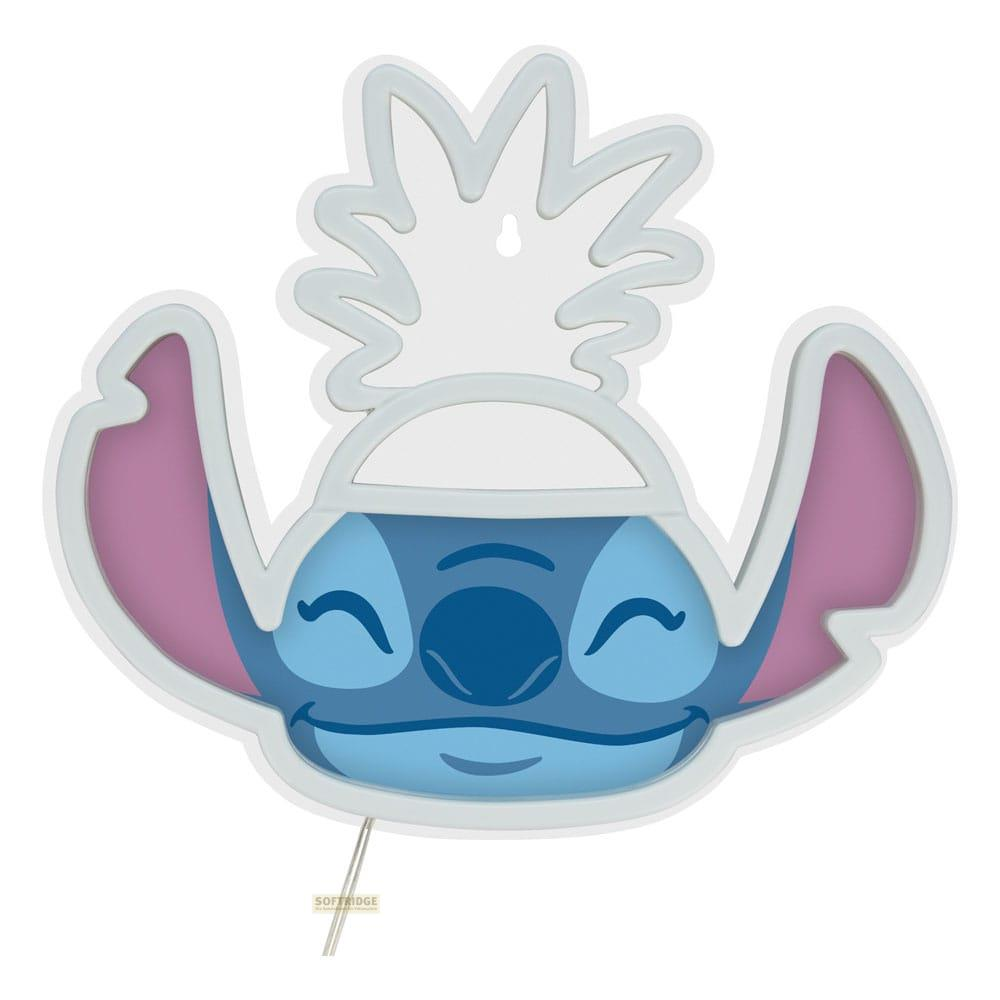 Niebieski neon Stitch z różowymi uszami i ananasem na górze.