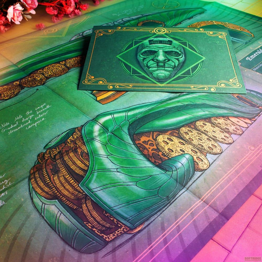 Mano blindada verde sosteniendo monedas de oro. Tarjeta de máscara esmeralda encima.
