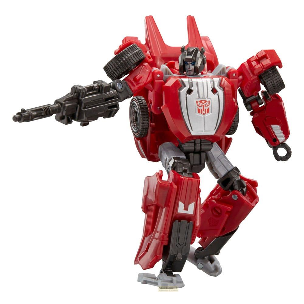 Un jouet Transformer rouge avec des accents noirs et argentés, tenant une arme noire.