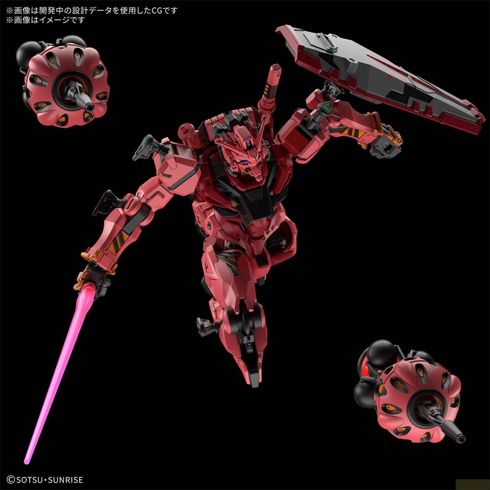 Ein roter Mech mit einem rosa Lichtschwert und Schild, mit zwei Kugelteilen.