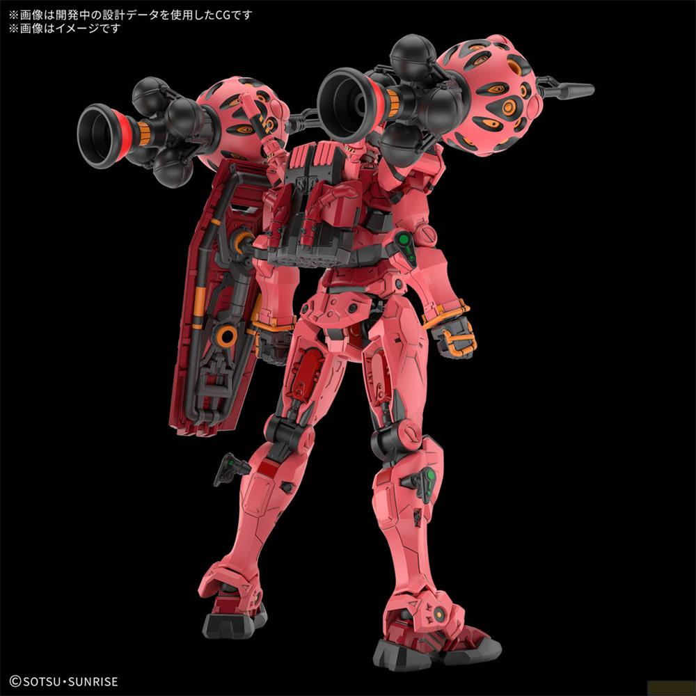 Ein rosafarbener Mech mit roten Akzenten und großen Raketenwerfern.