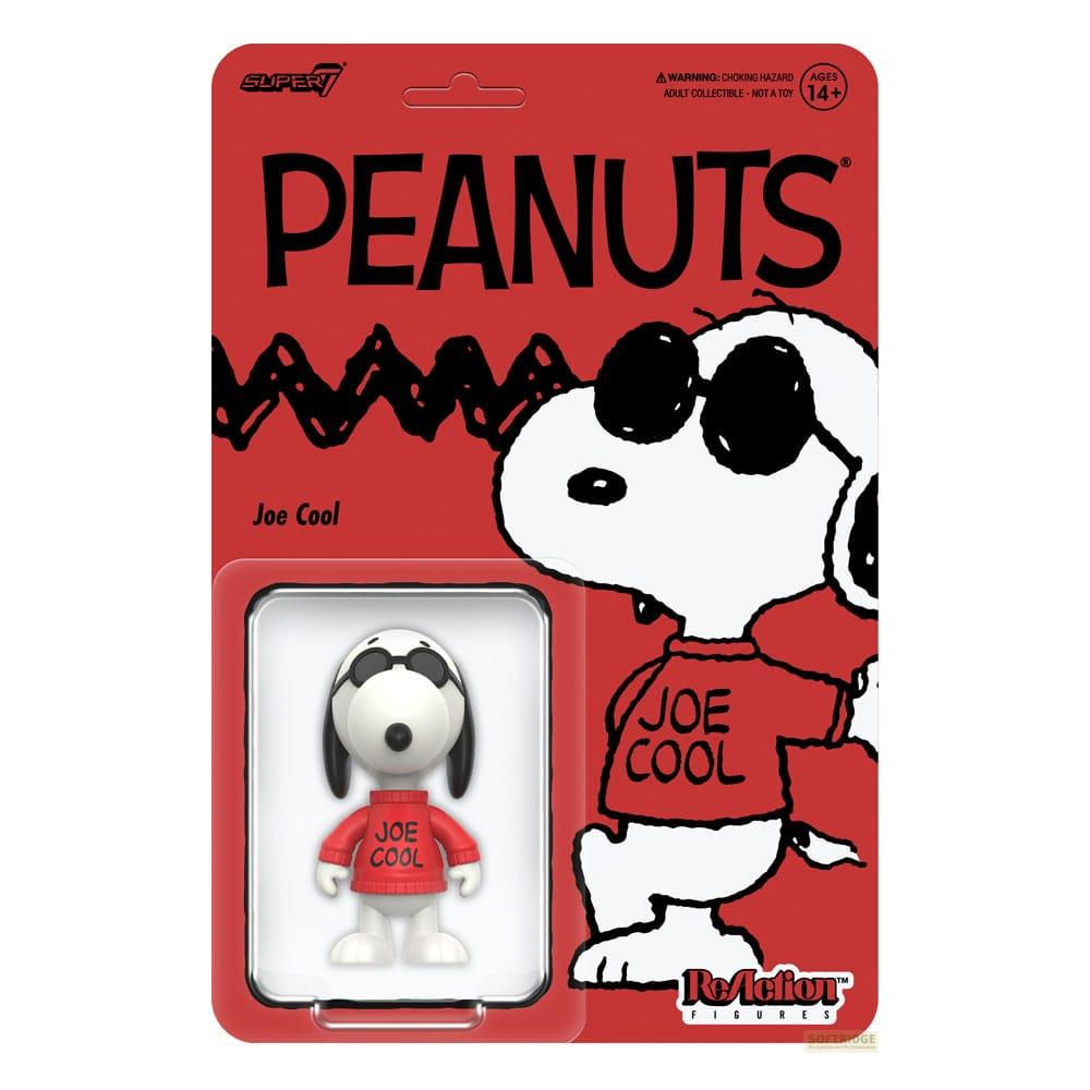 Figura Joe Cool en empaque, logo Peanuts, etiqueta de advertencia.