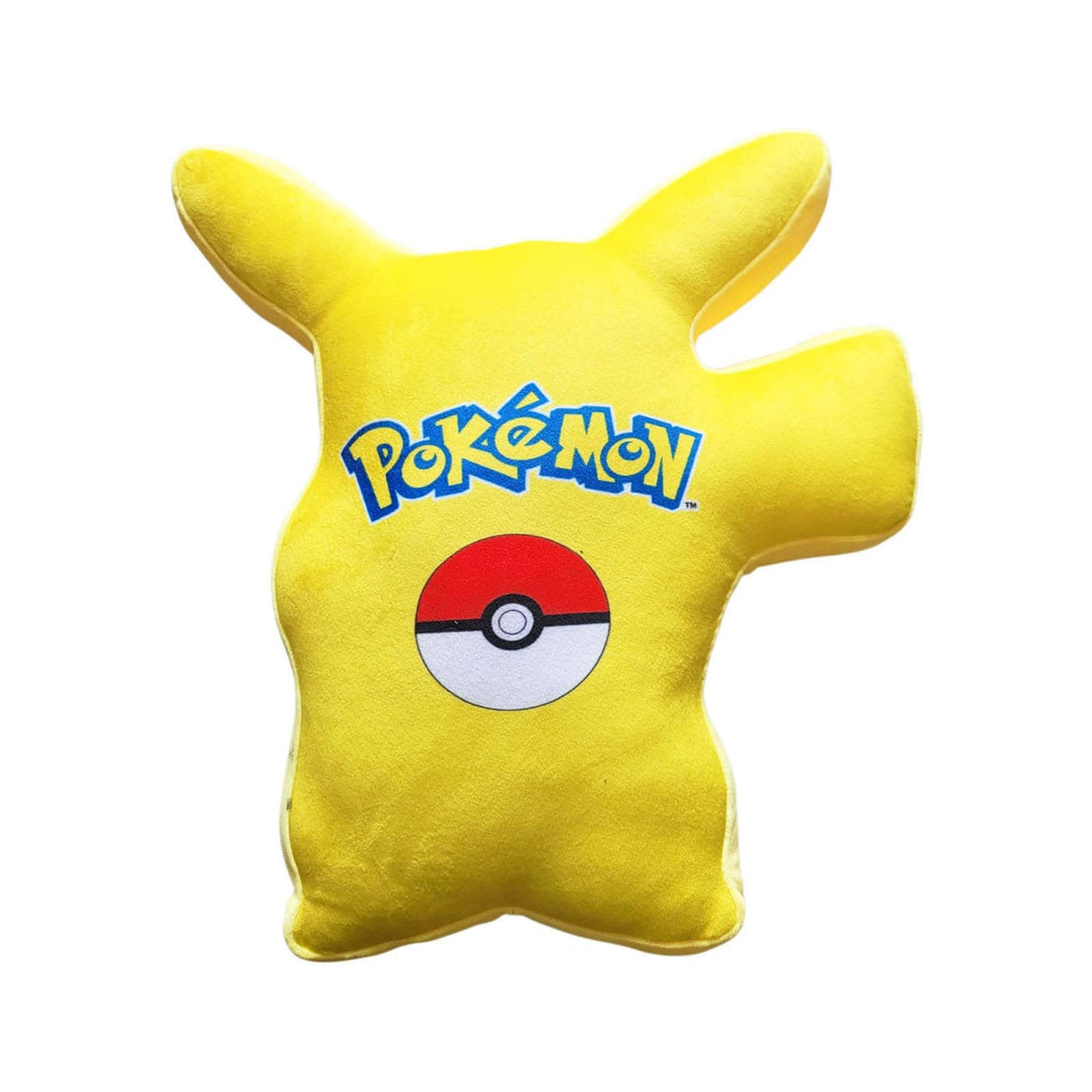Ein gelbes Pikachu-Kissen mit dem Pokémon-Logo und einem Pokéball.