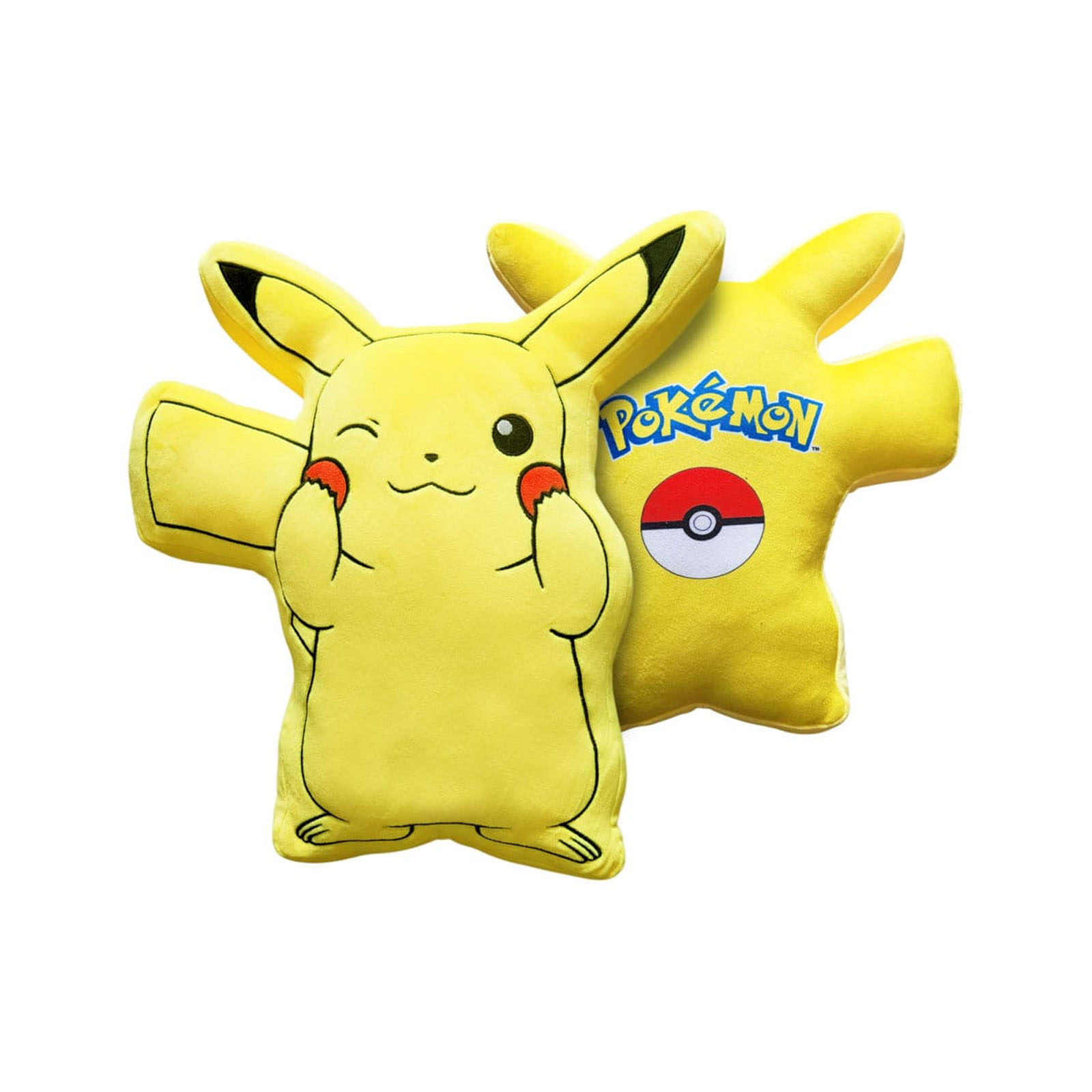 Zwei gelbe Pikachu-Kissen. Eines zeigt das Gesicht, das andere den Rücken mit Pokémon-Logo.