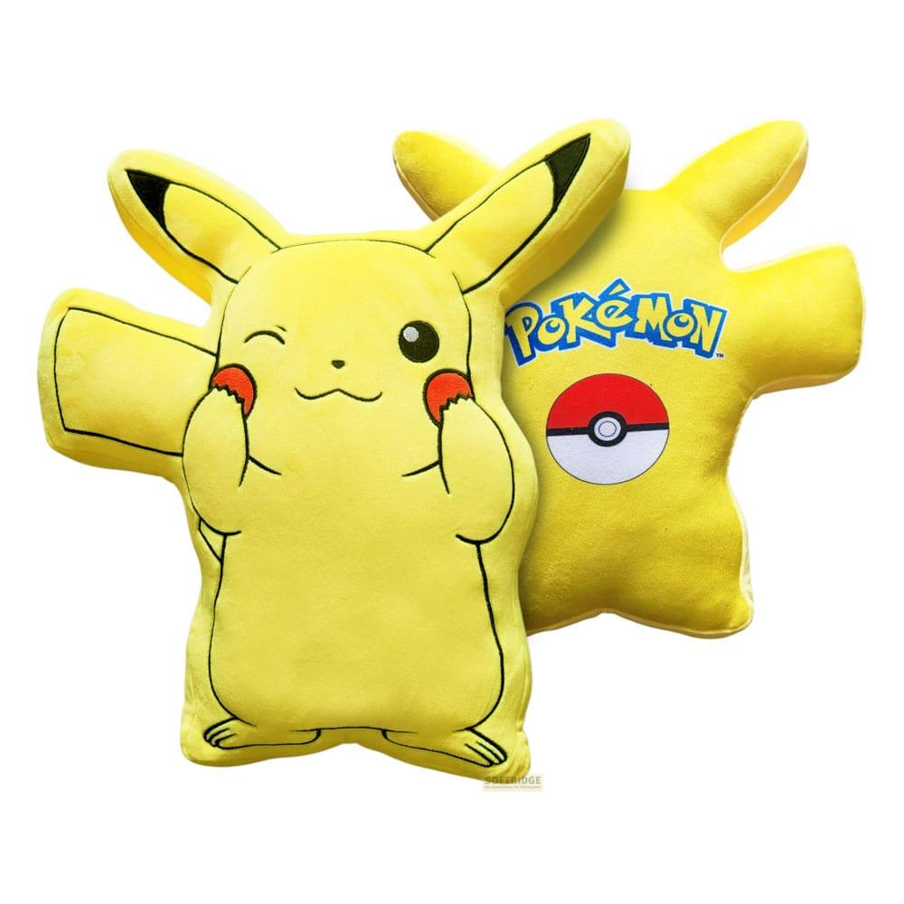 Ein gelbes Pikachu-Kissen mit Pokémon-Logo auf der Rückseite.