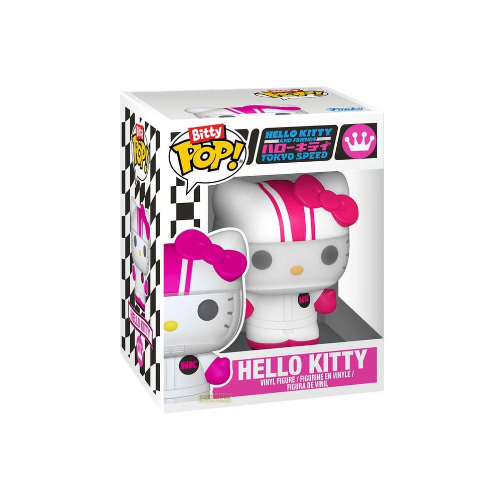 Figura de vinilo Funko Pop! de Hello Kitty con traje de carreras y lazo rosa.
