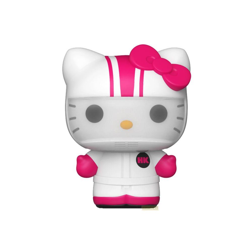 Figura blanca de Hello Kitty con lazo rosa, rayas y guantes.