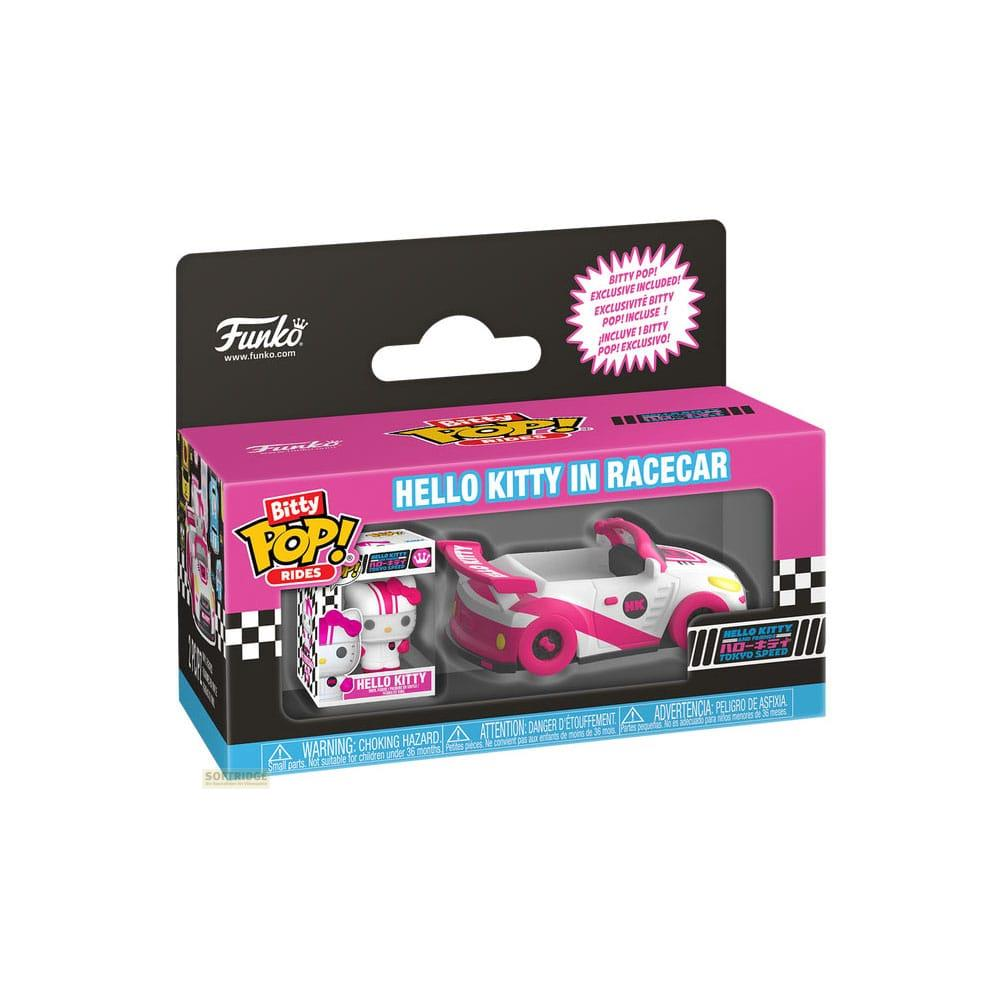 Set Funko Bitty Pop! Hello Kitty en coche de carreras con figura.