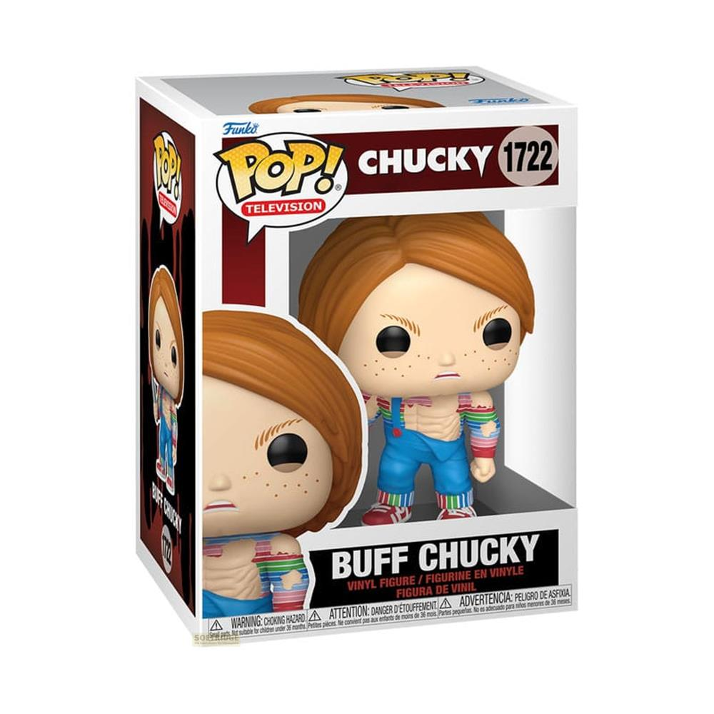 Figura de vinilo Funko Pop Chucky, 1722. Chucky lleva peto azul y camisa a rayas.