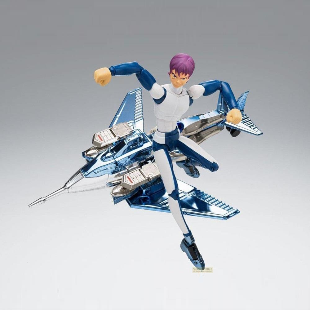 Action figure di un uomo in tuta blu e bianca, fluttuante accanto a un jet argentato.