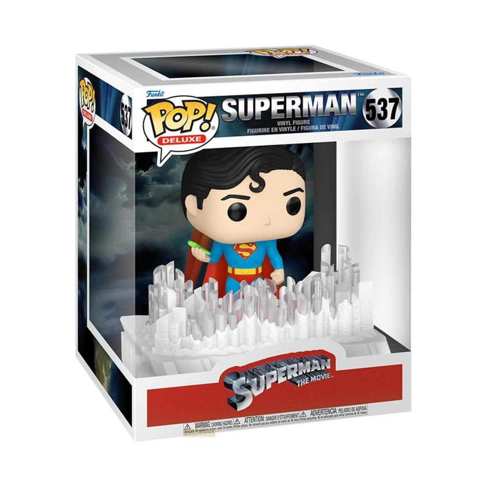 Figura de vinilo Funko Pop Superman en caja, con base de hielo y logo "Superman The Movie".
