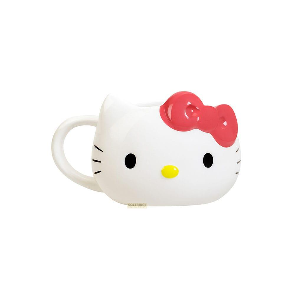 Weiße Hello Kitty Tasse mit roter Schleife und gelber Nase.
