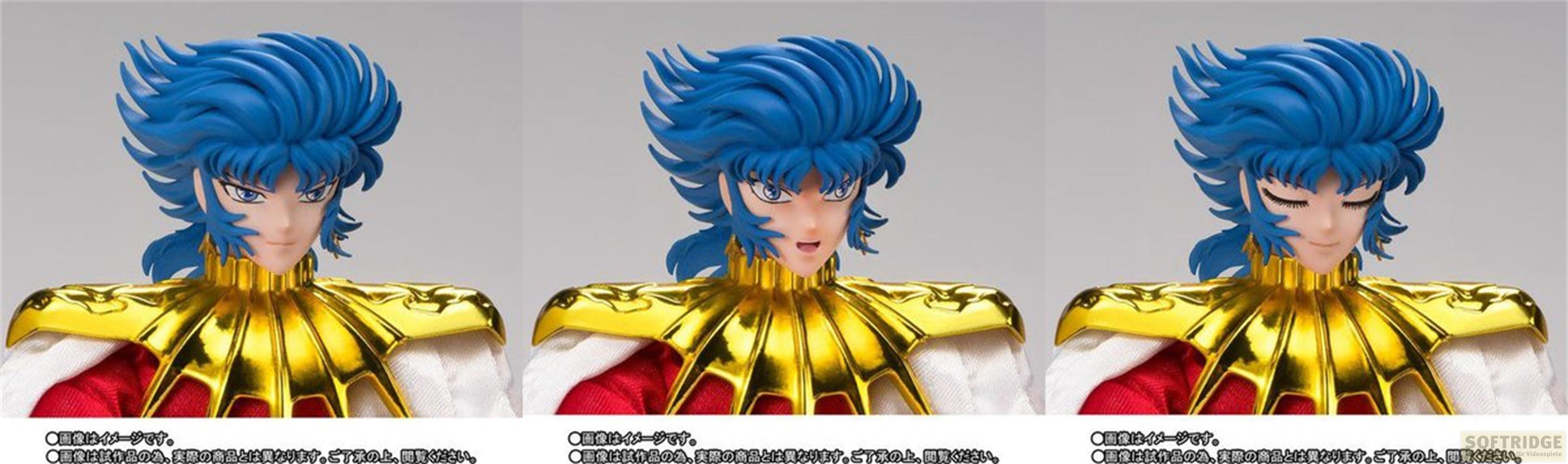 Tre figure con capelli blu e armatura dorata, una con occhi aperti, una con bocca aperta, una con occhi chiusi.