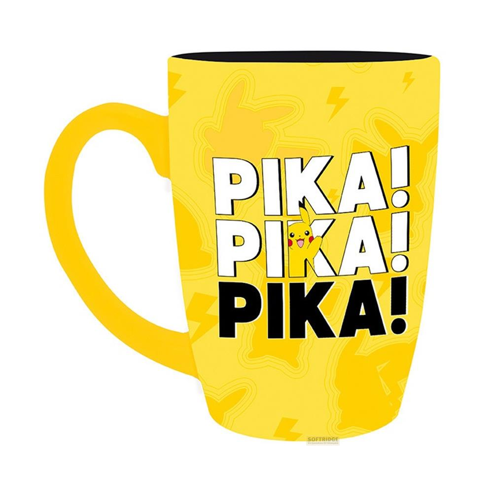 Taza amarilla con Pikachu y texto "Pika! Pika! Pika!".