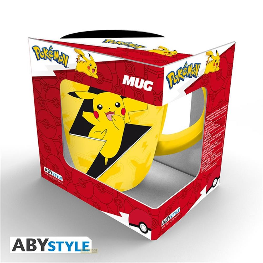 Embalaje para una taza amarilla de Pikachu con logo de Pokémon sobre fondo rojo.