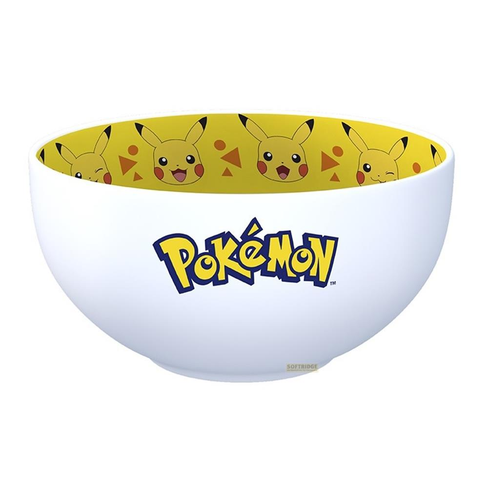 Bol blanco con logo Pokémon fuera y patrón de Pikachu dentro.