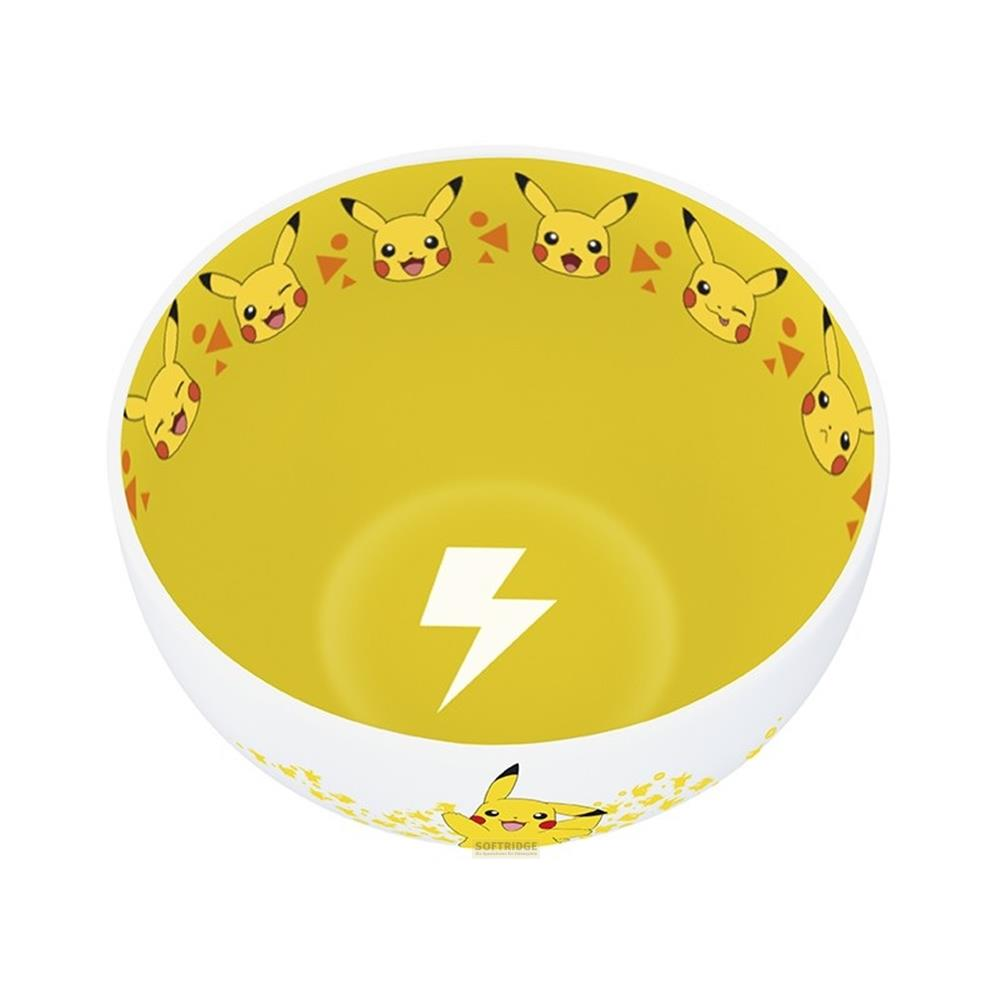 Cuenco amarillo con caras de Pikachu y rayo.