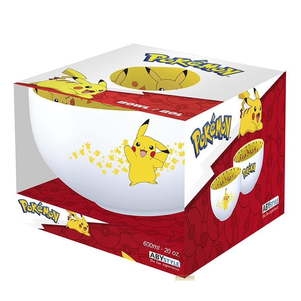 Embalaje de tazón Pokémon con gráficos de Pikachu, mostrando un tazón blanco grande y dos más pequeños.