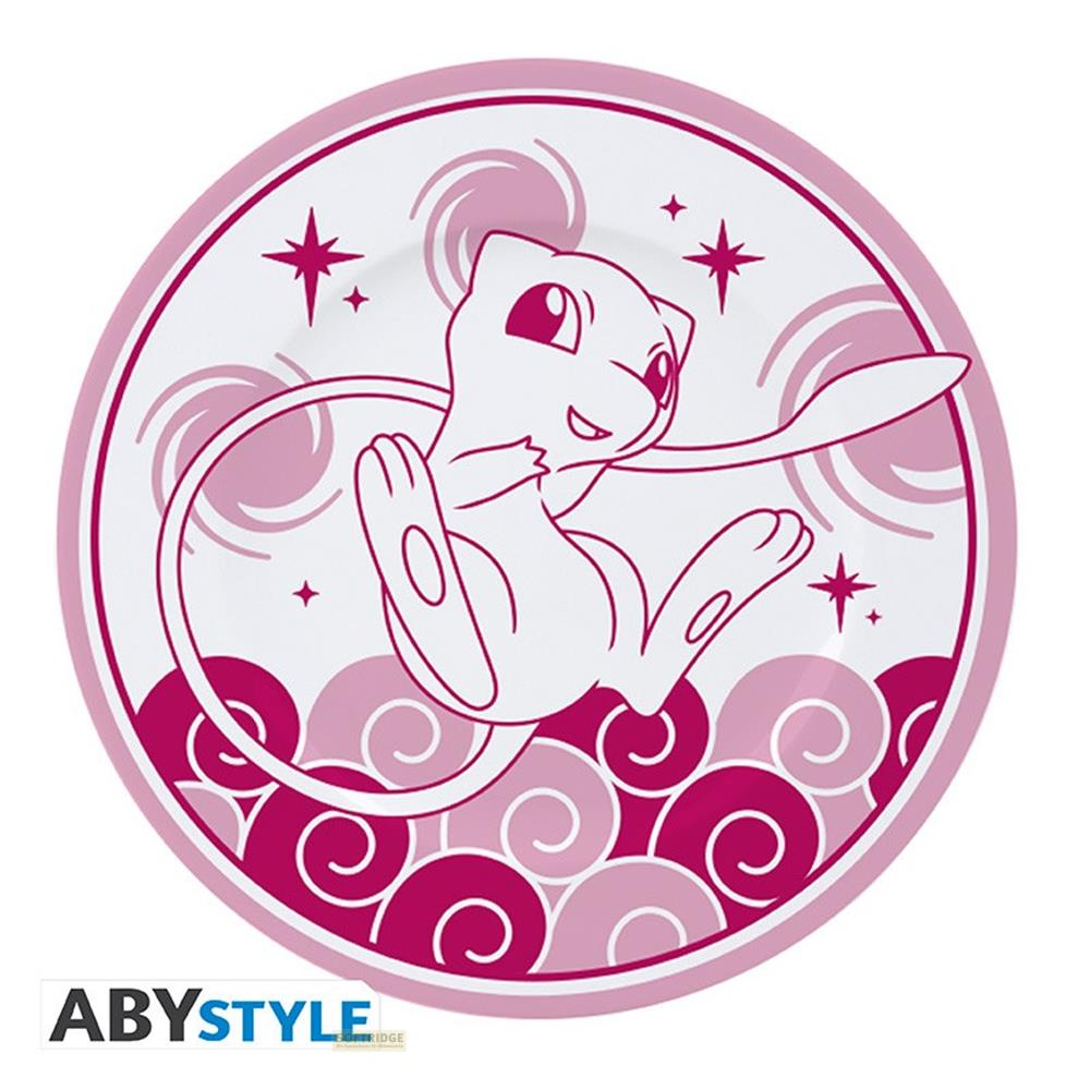 Un Mew blanc aux contours roses sur une assiette avec des tourbillons et étoiles roses.