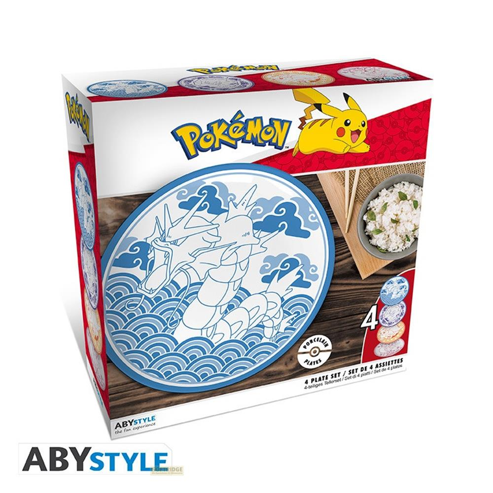 Boîte pour un set de 4 assiettes Pokémon avec Pikachu et Gyarados.