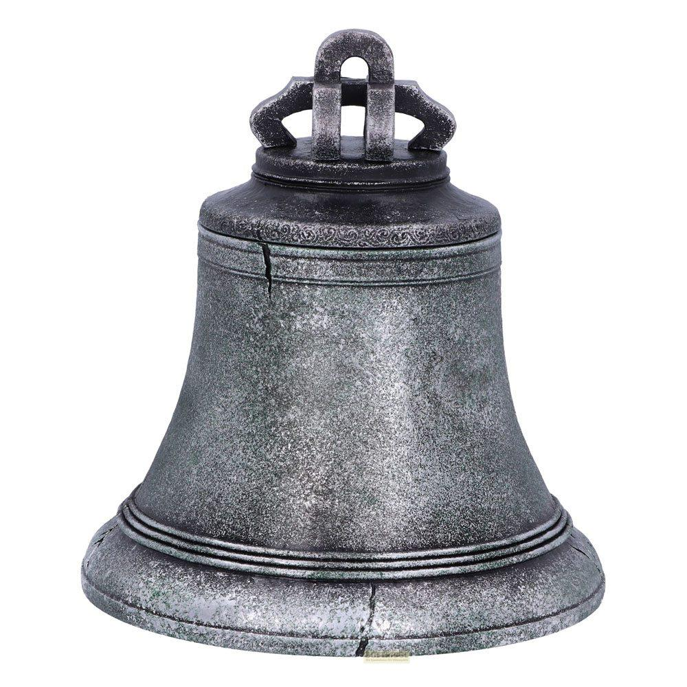 Una campana gris y agrietada con asa y detalles decorativos.