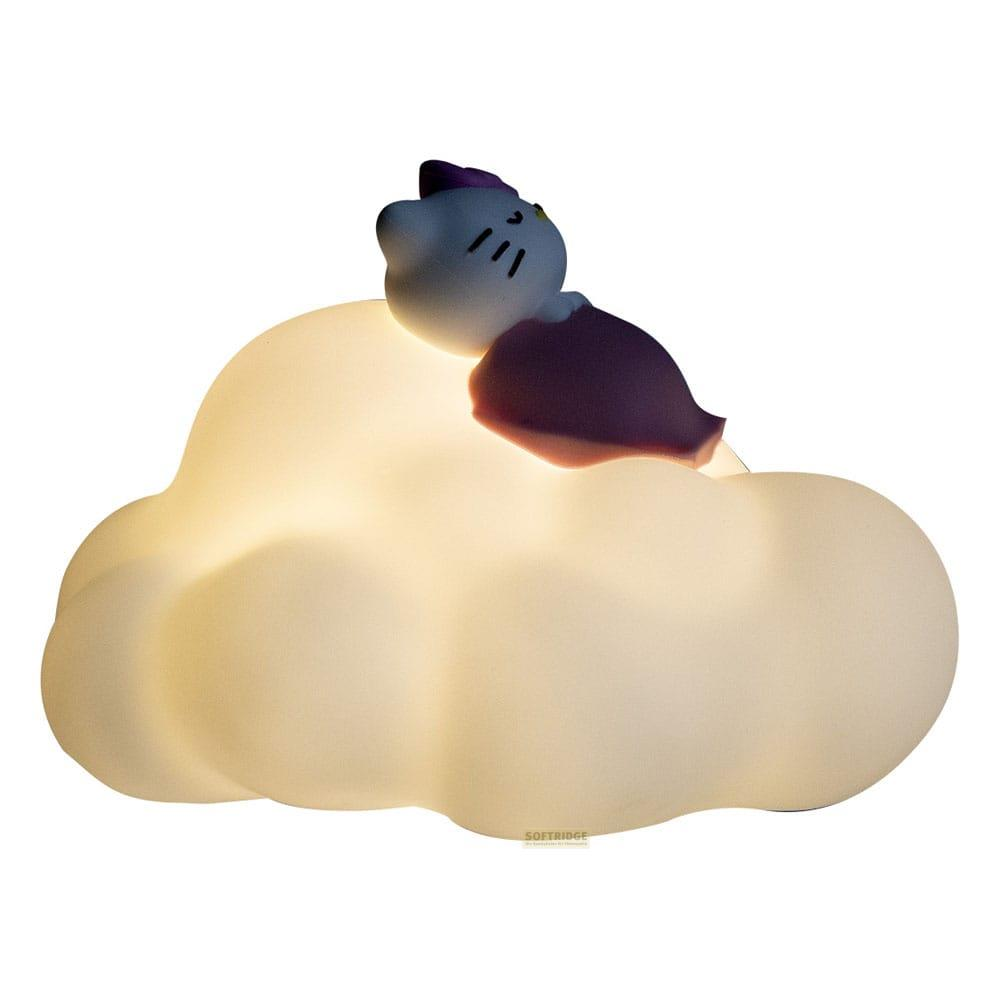 Eine weiße Wolkenlampe mit einer süßen Katze darauf.