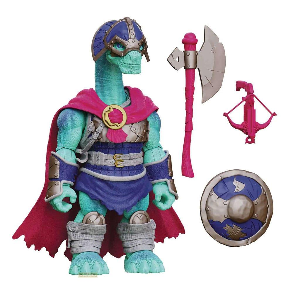 Guerriero dinosauro blu in armatura, mantello rosso, elmo, ascia, balestra e scudo.