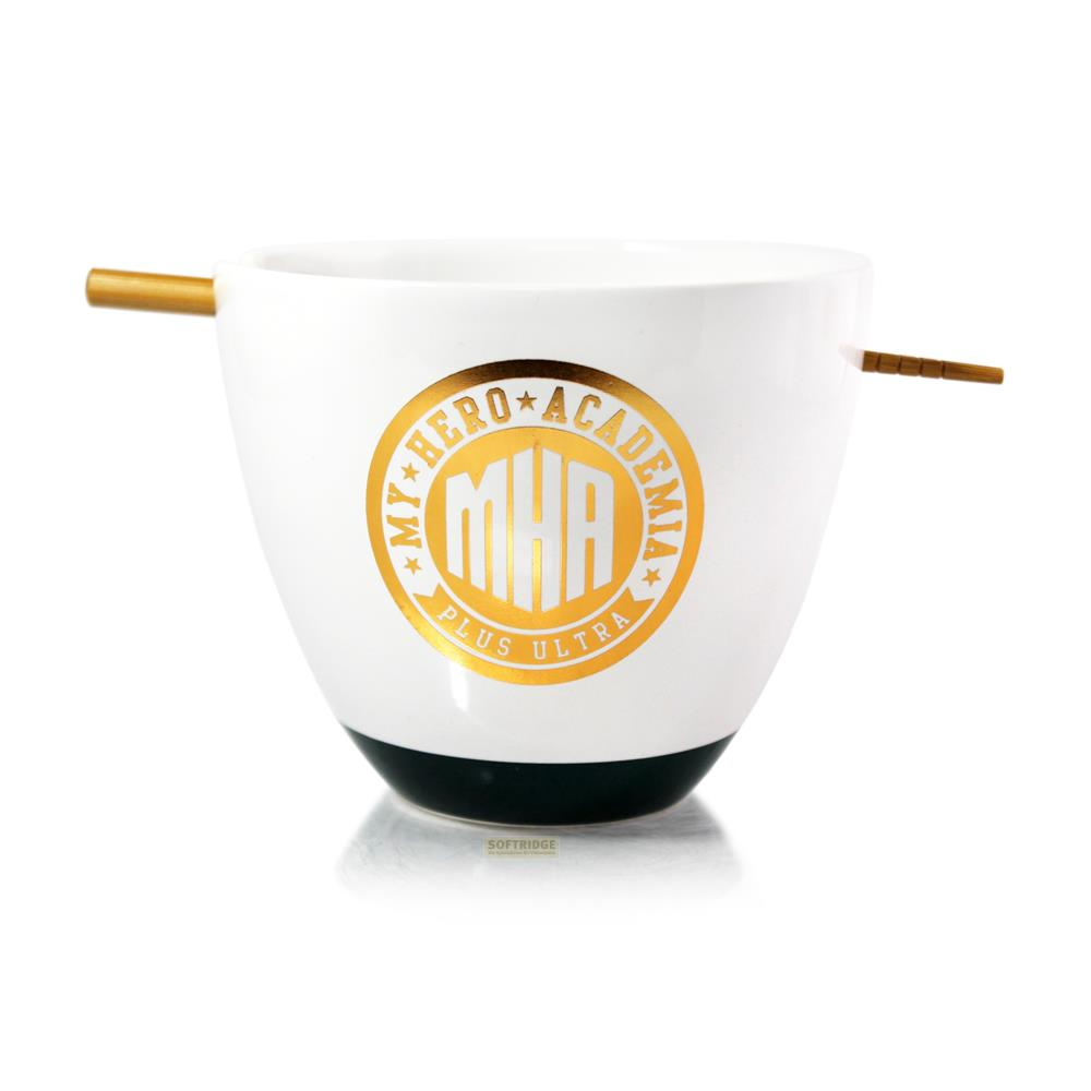 Cuenco blanco con logo de My Hero Academia y palillos dorados.