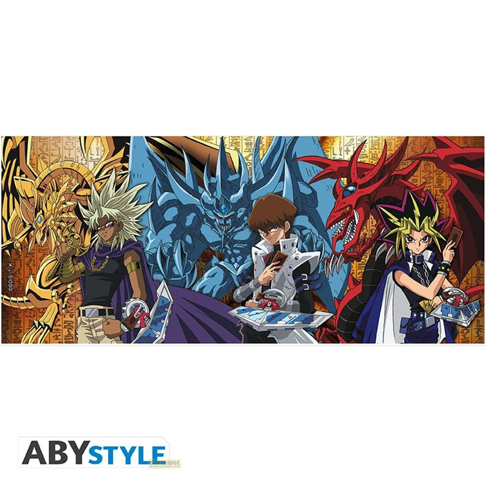 Trois personnages d'anime avec des dragons derrière eux, style Yu-Gi-Oh.