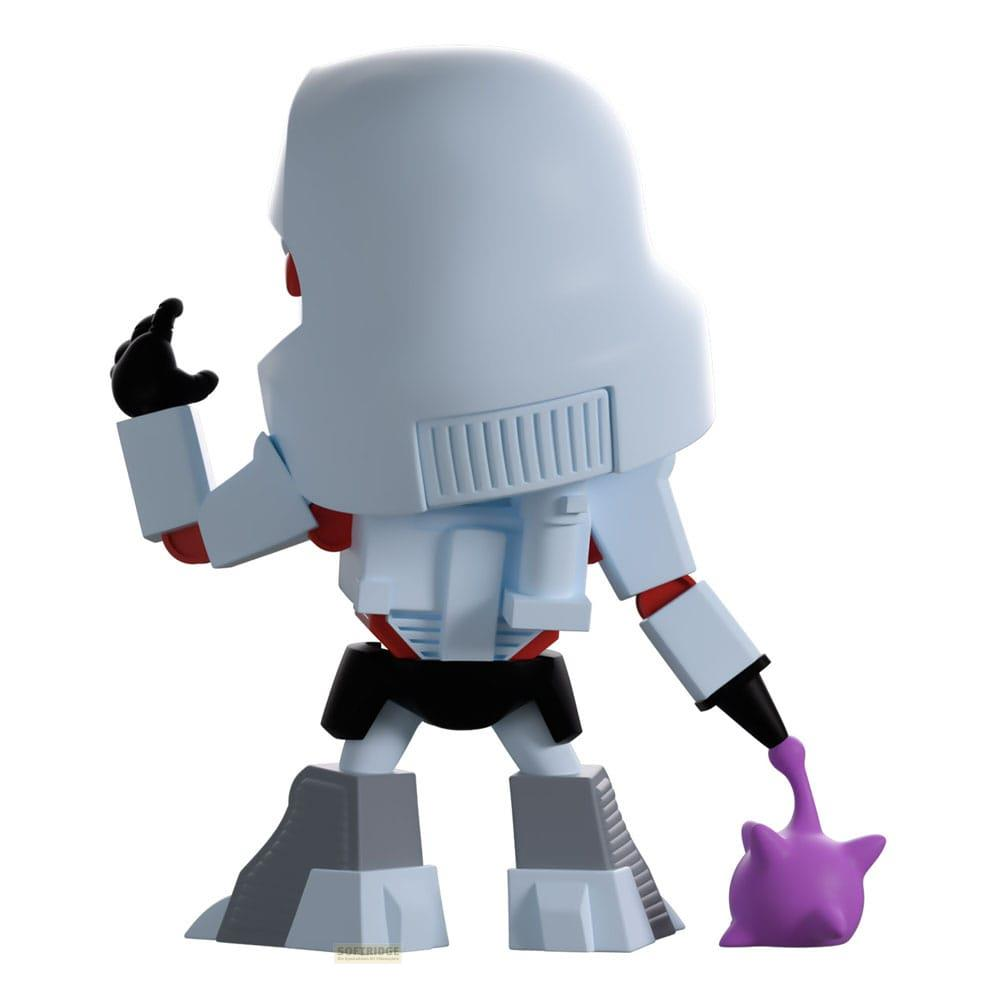 Eine weiße Figur mit schwarzen und roten Akzenten, die einen violetten Blob hält.