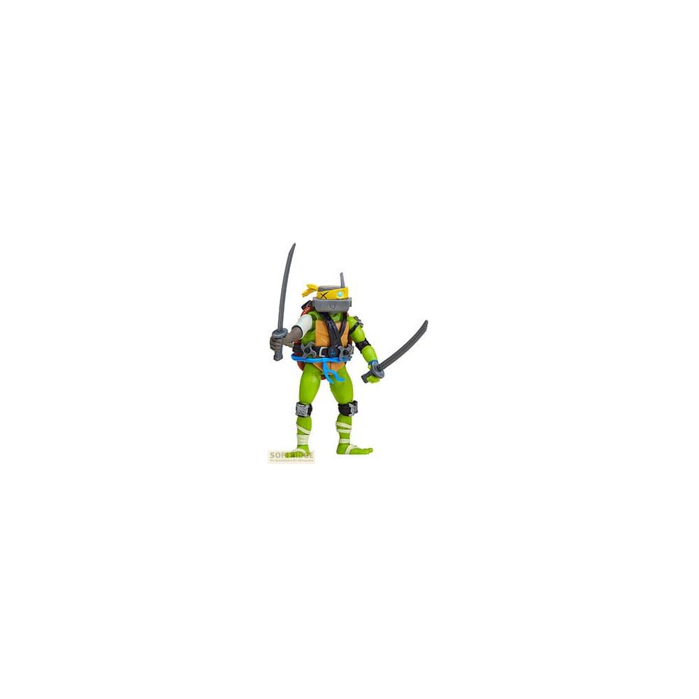 Figura verde di una Teenage Mutant Ninja Turtle con fascia gialla e due katana.