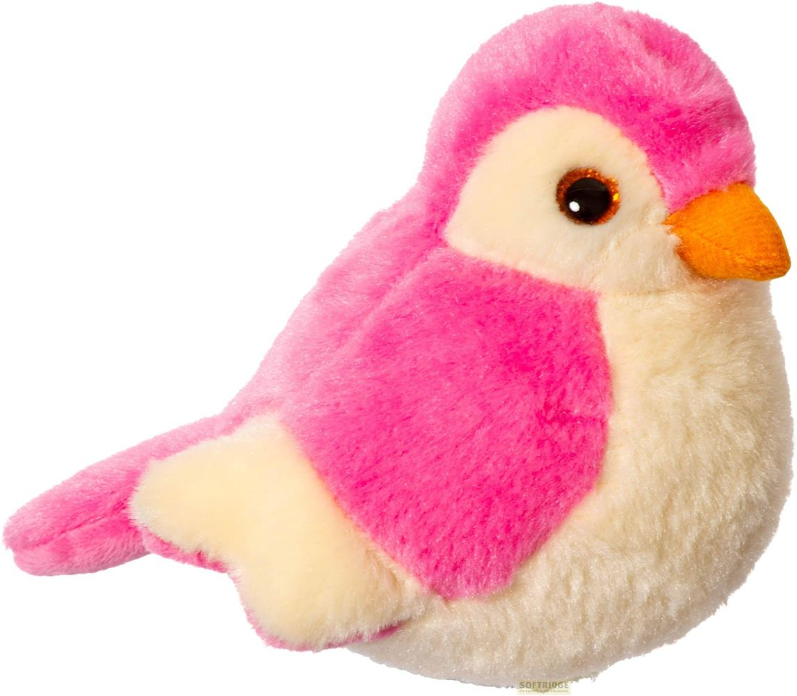 Un oiseau en peluche rose avec une poitrine crème et un bec orange.