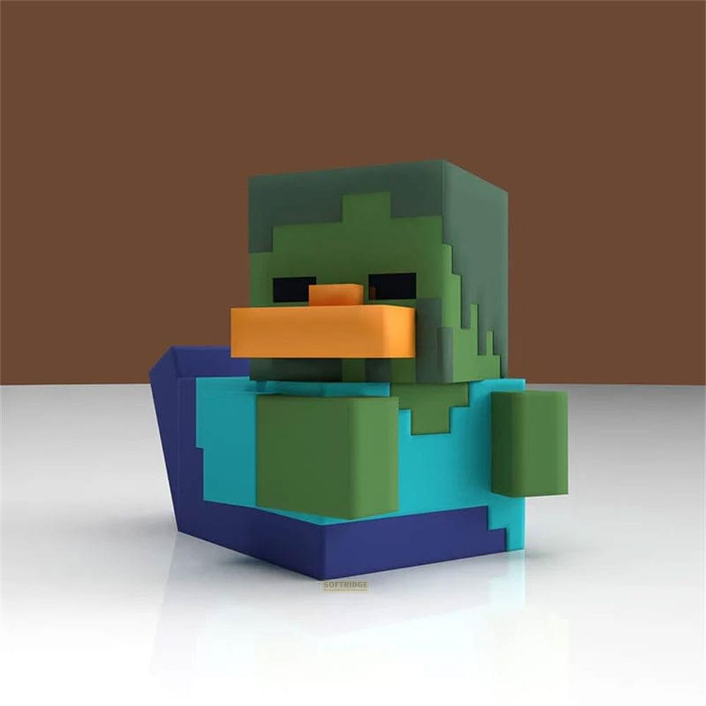 Ein Minecraft-Zombie mit grüner Haut, orangefarbener Nase und blauer Kleidung.