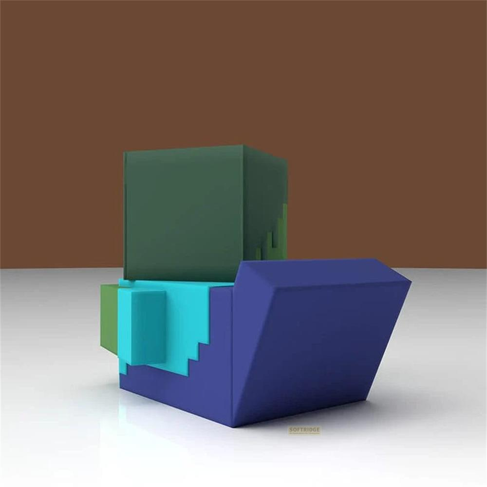 Ein grüner, kubischer Minecraft-Charakter mit blauer Kleidung auf weißem Boden.