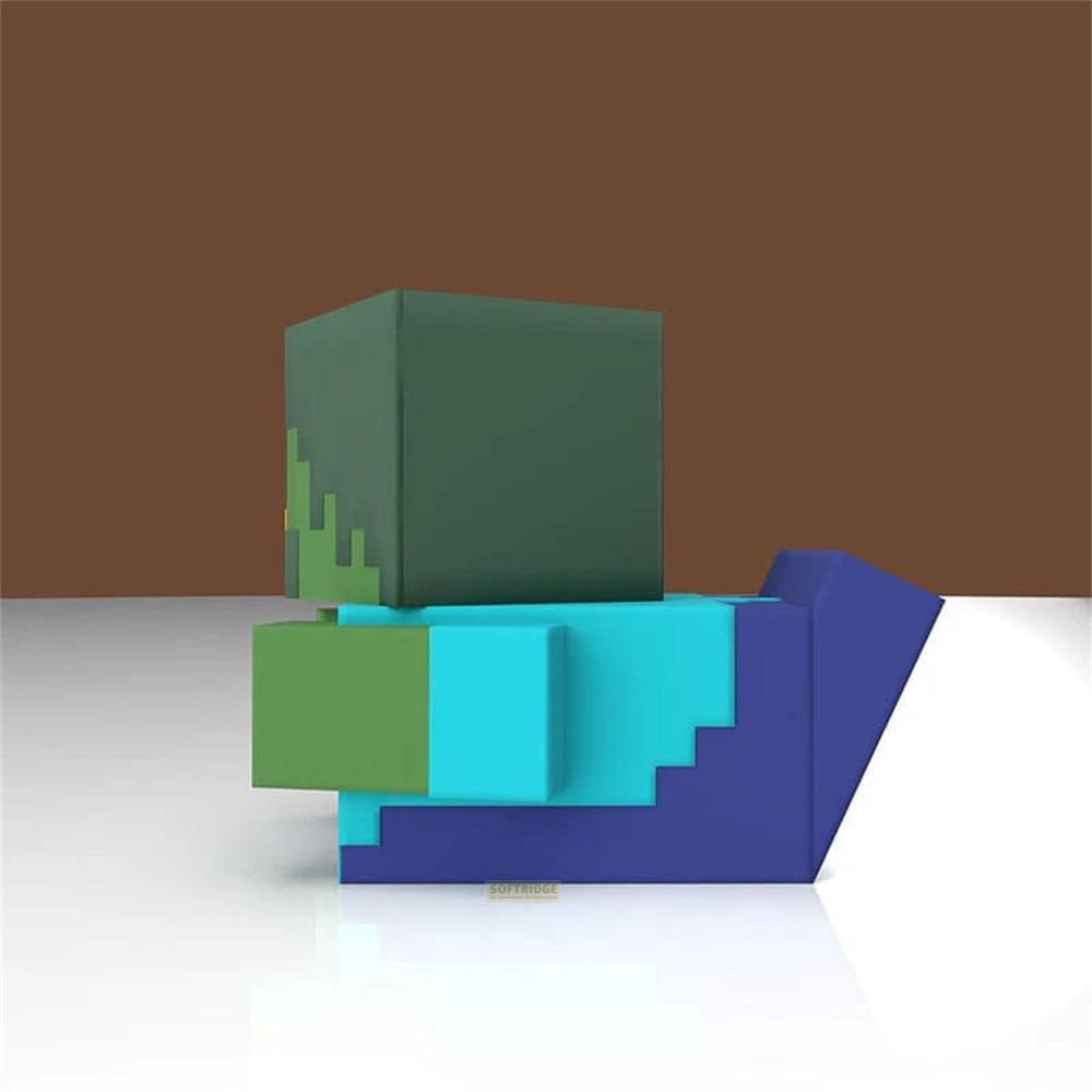 Ein grüner Minecraft-Charakter mit blauen und türkisfarbenen Gliedmaßen auf weißem Untergrund.