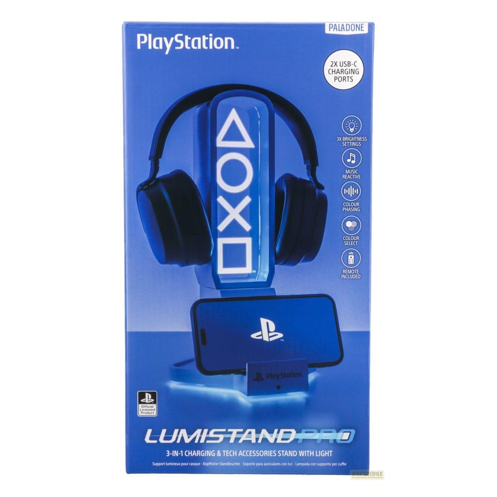PlayStation Lumistand Pro mit Kopfhörern, Telefon und Licht.