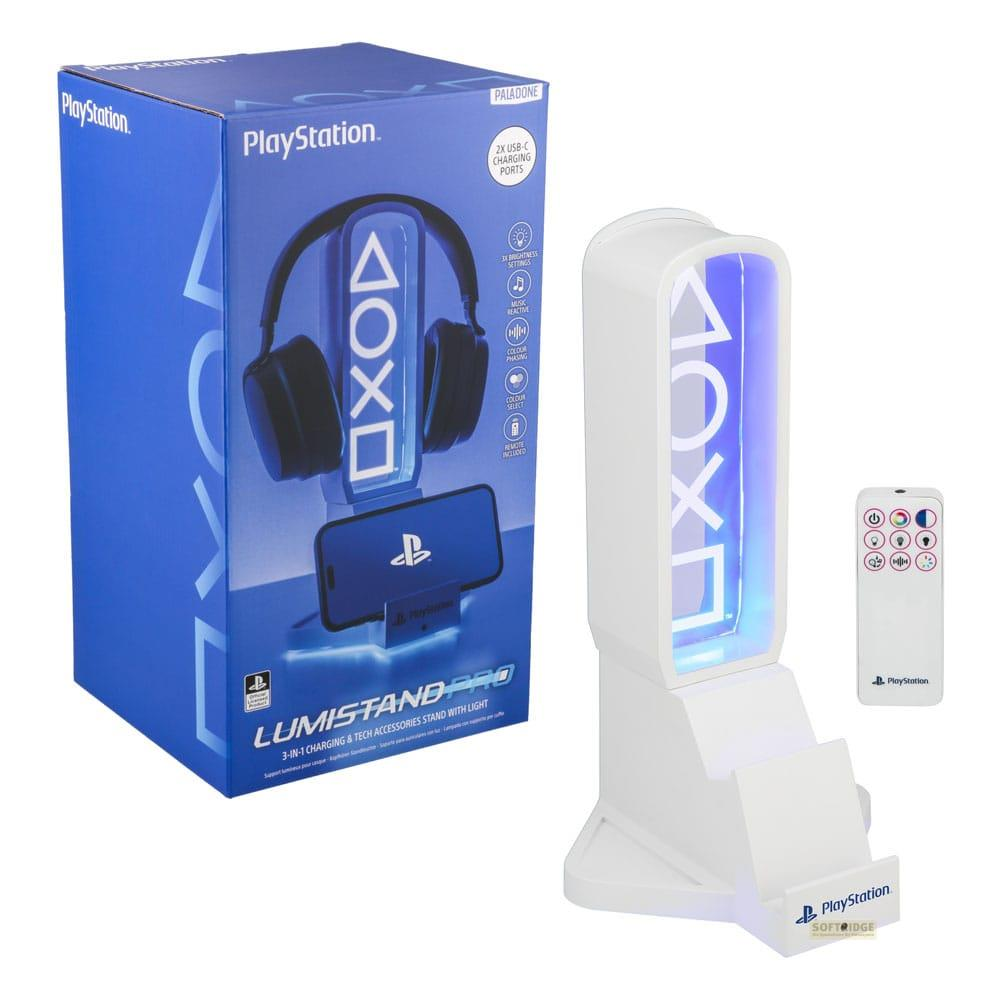 Ein PlayStation Ladeständer mit Kopfhörern, Fernbedienung und blauem Licht.