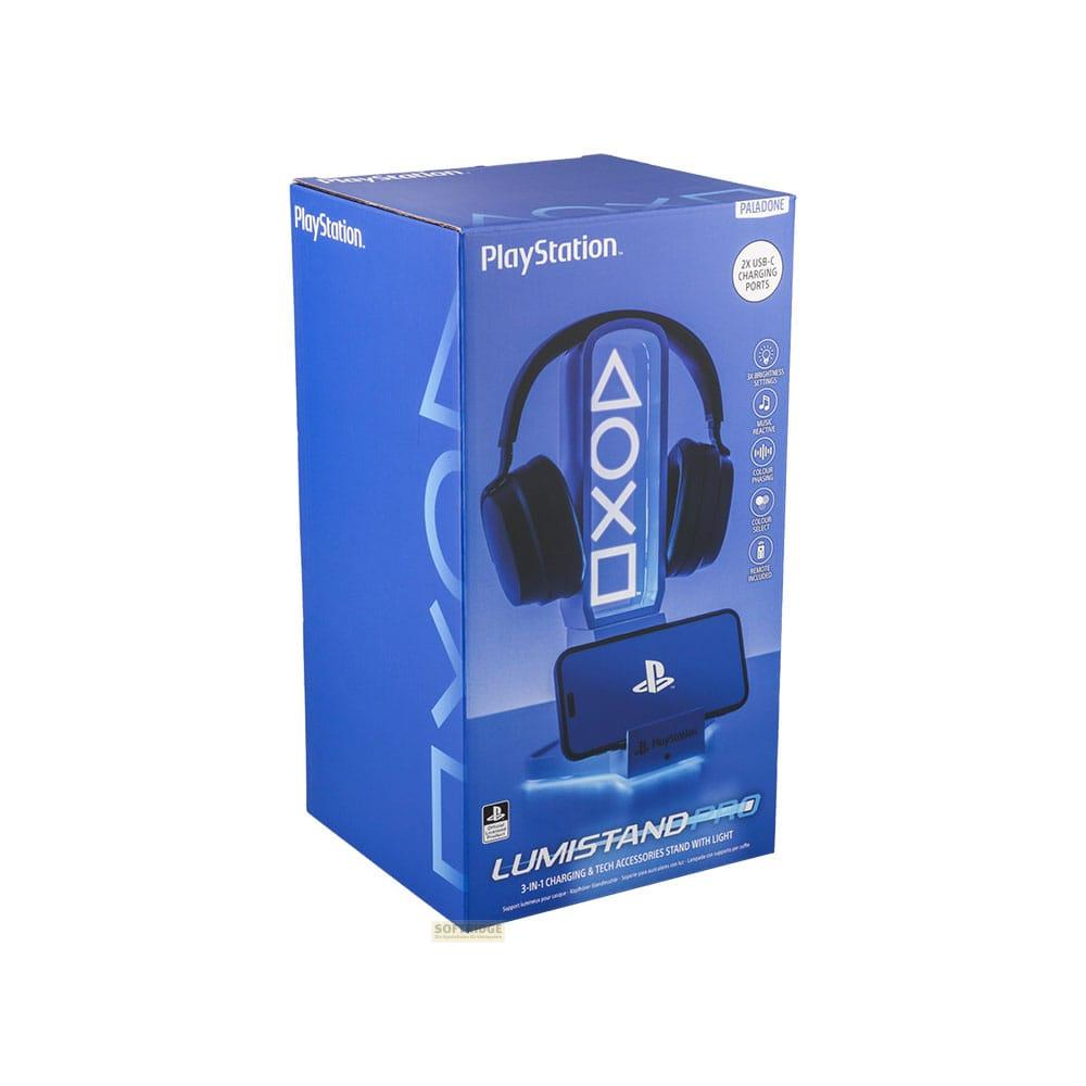 PlayStation-Kopfhörer und Ladeständer mit Licht auf blauer Verpackung.