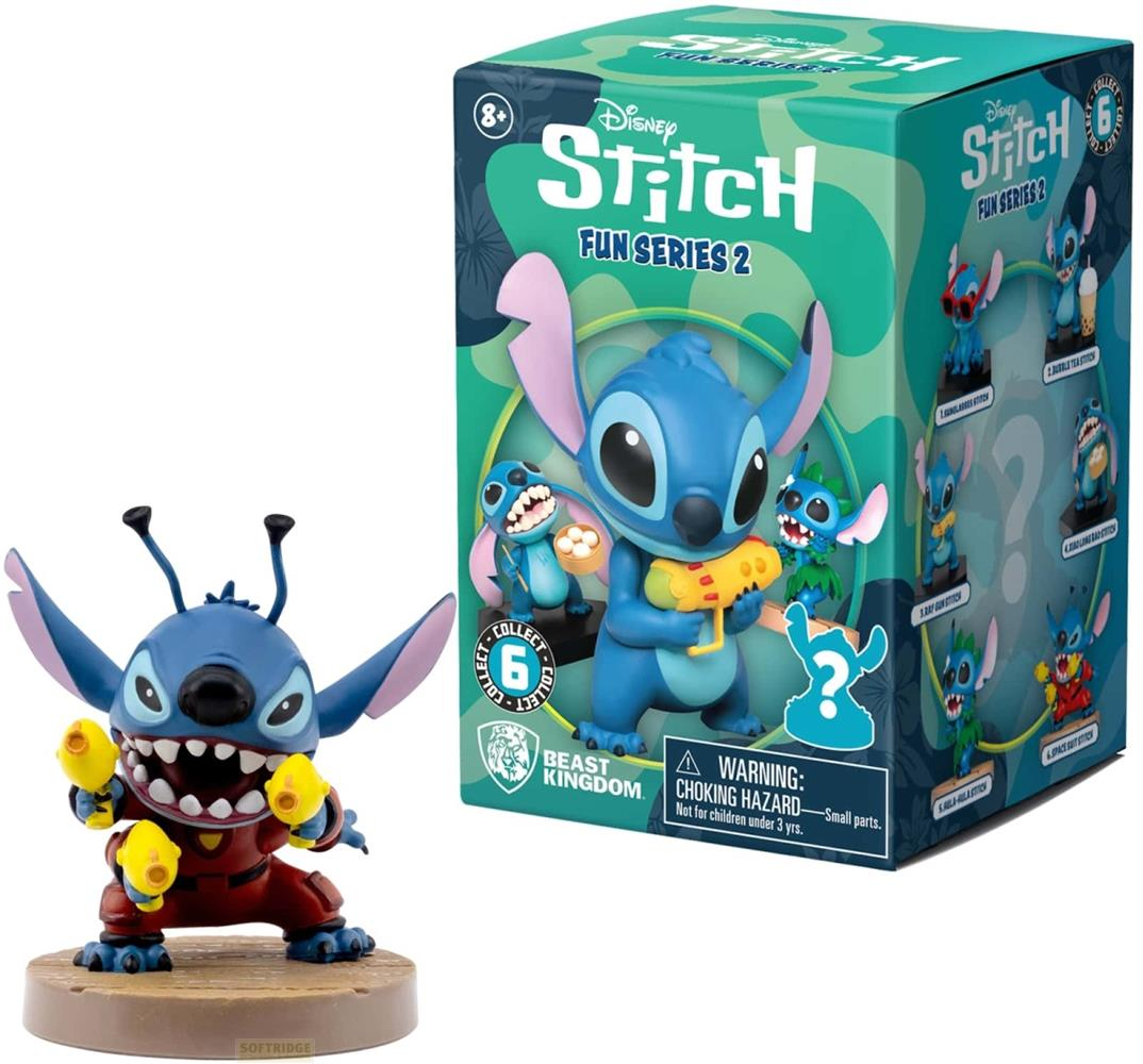 Ein blauer Stitch-Charakter und eine Sammelbox für Disney's Stitch Fun Series 2.