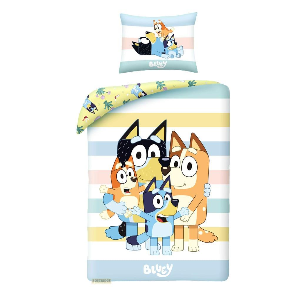 Bettwäsche mit der Bluey-Familie auf gestreiftem Hintergrund.