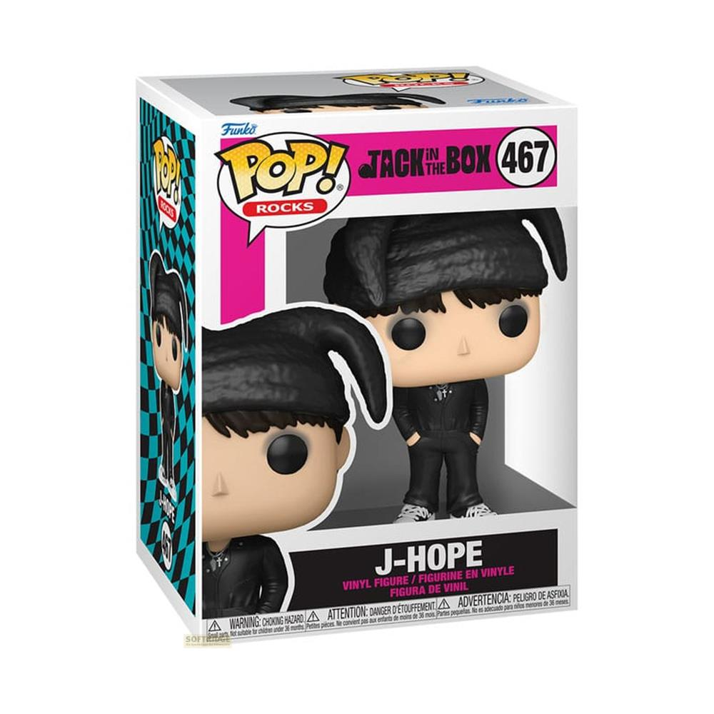Funko Pop! Vinylfigur von J-Hope aus BTS in schwarzer Kleidung und schwarzem Hut.